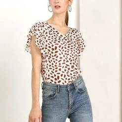 Allegra K Women's V Neck Ruched Casual Flutter Sleeve Petal Print Tops Blouse 21 Allegra K Women's V Neck Ruched Casual Flutter Sleeve Petal Print Tops Blouse