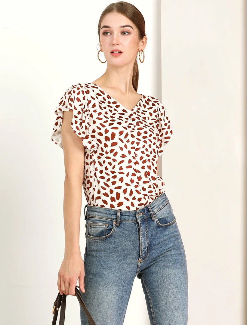Allegra K Women's V Neck Ruched Casual Flutter Sleeve Petal Print Tops Blouse 10 Allegra K Women's V Neck Ruched Casual Flutter Sleeve Petal Print Tops Blouse