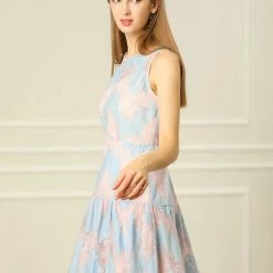 Allegra K Women's Sleeveless A-Line Elegant Ruffle Hem Floral Lace Dress