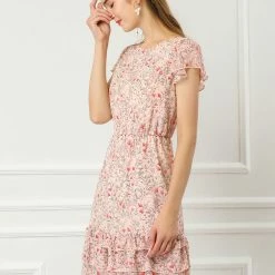 Allegra K Women's Floral Print Chiffon Dress Above Knee A-Line Layered Ruffle Dress