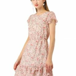 Allegra K Women's Floral Print Chiffon Dress Above Knee A-Line Layered Ruffle Dress