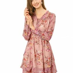 Allegra K Women's Floral Ruffled Tie V Neck Layered Vintage Chiffon Mini Dress