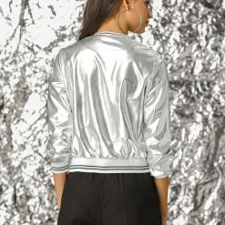 Allegra K Holographic Lightweight Bomber Jacket