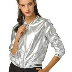 Allegra K Holographic Lightweight Bomber Jacket