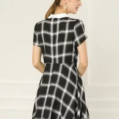 Allegra K Women Plaids Contrast Peter Pan Collar Puff Sleeves Above Knee Dress