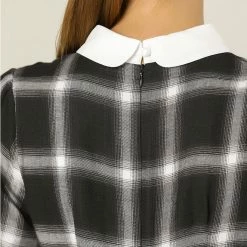 Allegra K Women Plaids Contrast Peter Pan Collar Puff Sleeves Above Knee Dress