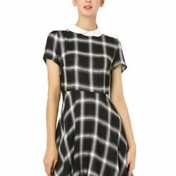 Allegra K Women Plaids Contrast Peter Pan Collar Puff Sleeves Above Knee Dress