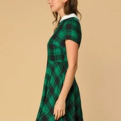 Allegra K Women Plaids Contrast Peter Pan Collar Puff Sleeves Above Knee Dress