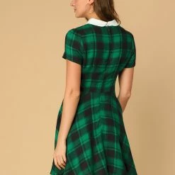 Allegra K Women Plaids Contrast Peter Pan Collar Puff Sleeves Above Knee Dress