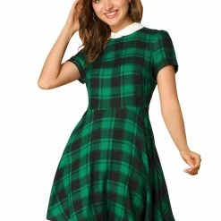 Allegra K Women Plaids Contrast Peter Pan Collar Puff Sleeves Above Knee Dress