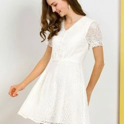 Allegra K Women's Lace Floral V Neck Puff Sleeves Elegant Cocktail A Line Dress