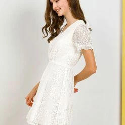 Allegra K Women's Lace Floral V Neck Puff Sleeves Elegant Cocktail A Line Dress