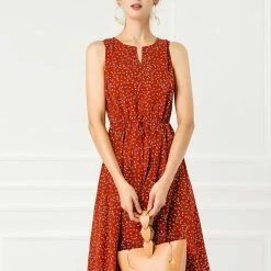 Allegra K Women's Printed Split Neck Drawstring Waist Sleeveless A-Line Dress 106 Allegra K Women's Printed Split Neck Drawstring Waist Sleeveless A-Line Dress