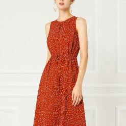 Allegra K Women's Printed Split Neck Drawstring Waist Sleeveless A-Line Dress 107 Allegra K Women's Printed Split Neck Drawstring Waist Sleeveless A-Line Dress