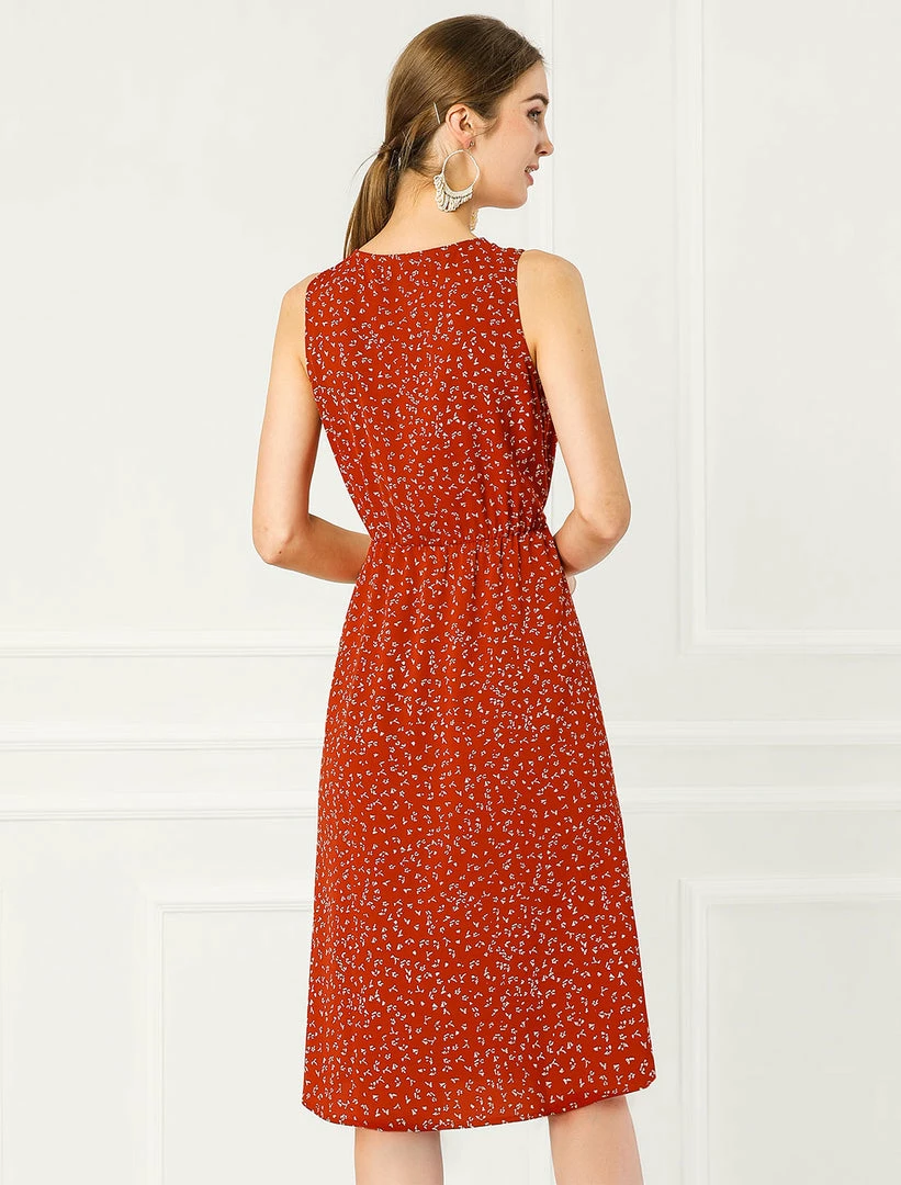 Allegra K Women's Printed Split Neck Drawstring Waist Sleeveless A-Line Dress 55 Allegra K Women's Printed Split Neck Drawstring Waist Sleeveless A-Line Dress