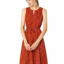 Allegra K Women's Printed Split Neck Drawstring Waist Sleeveless A-Line Dress 104 Allegra K Women's Printed Split Neck Drawstring Waist Sleeveless A-Line Dress