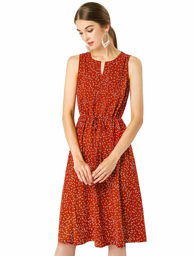 Allegra K Women's Printed Split Neck Drawstring Waist Sleeveless A-Line Dress 51 Allegra K Women's Printed Split Neck Drawstring Waist Sleeveless A-Line Dress