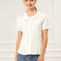 Allegra K Women's Sweet Peter Pan Collar Button Down Soft Shirt Blouse