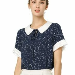 Allegra K Women's Contrast Doll Collar Polka Dots Top Valentine's Day Short Sleeves Blouse