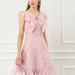 Allegra K New Romantic Women's Floral Tie V Neck Flutter Sleeves High Waist Ruffled Hem Dress