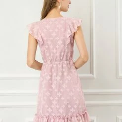 Allegra K New Romantic Women's Floral Tie V Neck Flutter Sleeves High Waist Ruffled Hem Dress