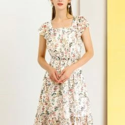 Allegra K Women's Boho Flutter Sleeve Belted Square Neck Ruffled Hem Midi Dress 28 Allegra K Women's Boho Flutter Sleeve Belted Square Neck Ruffled Hem Midi Dress