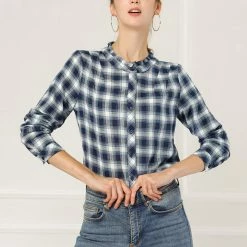 Allegra K Plaid Long Sleeve Ruffle Neck Button Down Shirt 30 Allegra K Plaid Long Sleeve Ruffle Neck Button Down Shirt