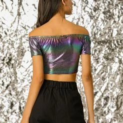 Allegra K Metallic Shiny Party Club Off Shoulder Crop Top
