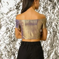 Allegra K Metallic Shiny Party Club Off Shoulder Crop Top