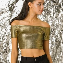Allegra K Metallic Shiny Party Club Off Shoulder Crop Top