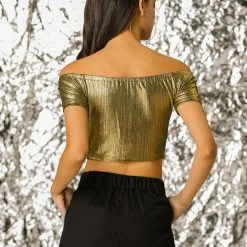 Allegra K Metallic Shiny Party Club Off Shoulder Crop Top