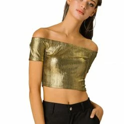 Allegra K Metallic Shiny Party Club Off Shoulder Crop Top