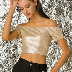 Allegra K Metallic Shiny Party Club Off Shoulder Crop Top