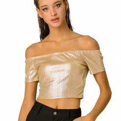 Allegra K Metallic Shiny Party Club Off Shoulder Crop Top