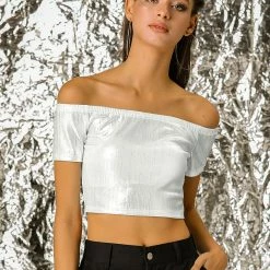 Allegra K Metallic Shiny Party Club Off Shoulder Crop Top