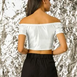 Allegra K Metallic Shiny Party Club Off Shoulder Crop Top