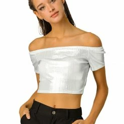 Allegra K Metallic Shiny Party Club Off Shoulder Crop Top