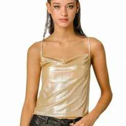 Allegra K Women's Cowl Neck Sparkly Club Metallic Glitter Spaghetti Strap Camisole Top