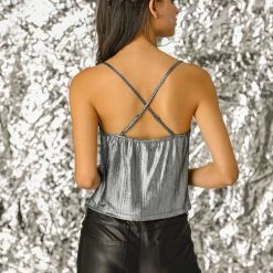 Allegra K Women's Cowl Neck Sparkly Club Metallic Glitter Spaghetti Strap Camisole Top