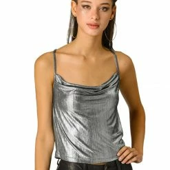 Allegra K Women's Cowl Neck Sparkly Club Metallic Glitter Spaghetti Strap Camisole Top