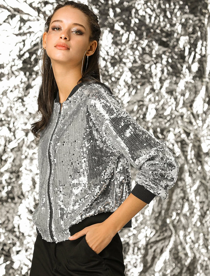Women Allegra K Sequin Bomber Jacket 5 Women Allegra K Sequin Bomber Jacket