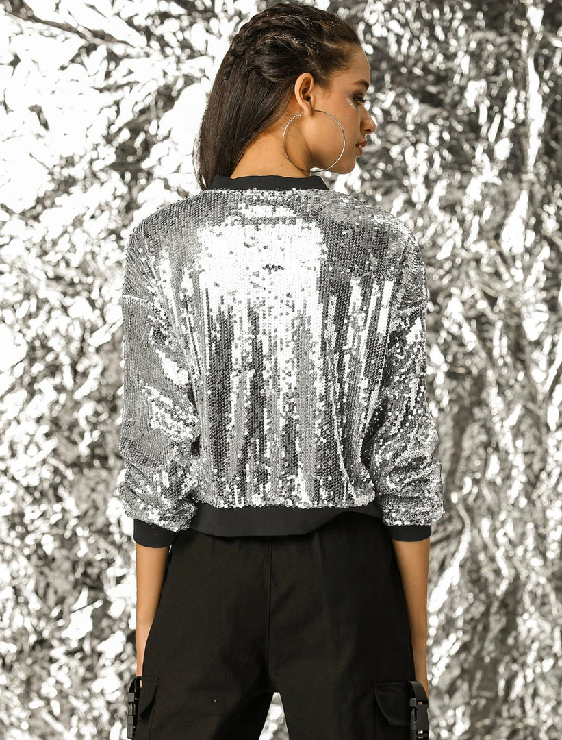 Women Allegra K Sequin Bomber Jacket 7 Women Allegra K Sequin Bomber Jacket