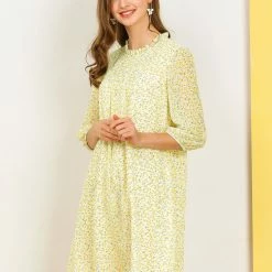 Allegra K Women's Floral Ruffle Trim Neckline Tie Waist Vintage A-Line Dress