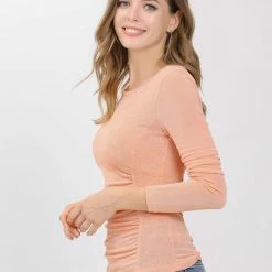 Women Allegra K Ruched Stretchy Blouse Crew Neck Slim Fit Basic Tops