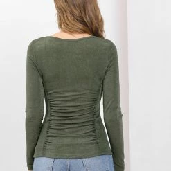 Women Allegra K Ruched Stretchy Blouse Crew Neck Slim Fit Basic Tops