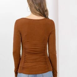 Women Allegra K Ruched Stretchy Blouse Crew Neck Slim Fit Basic Tops