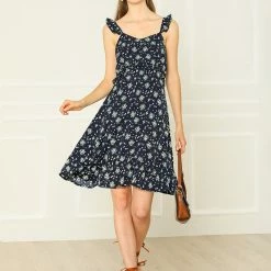 Allegra K Women's Chiffon Floral Print Beach Ruffle Spaghetti Strap Dress