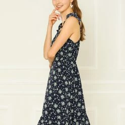 Allegra K Women's Chiffon Floral Print Beach Ruffle Spaghetti Strap Dress