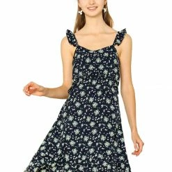 Allegra K Women's Chiffon Floral Print Beach Ruffle Spaghetti Strap Dress