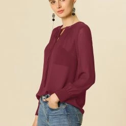 Allegra K Blouse Tie Neck Long Sleeve Chiffon Top Women
